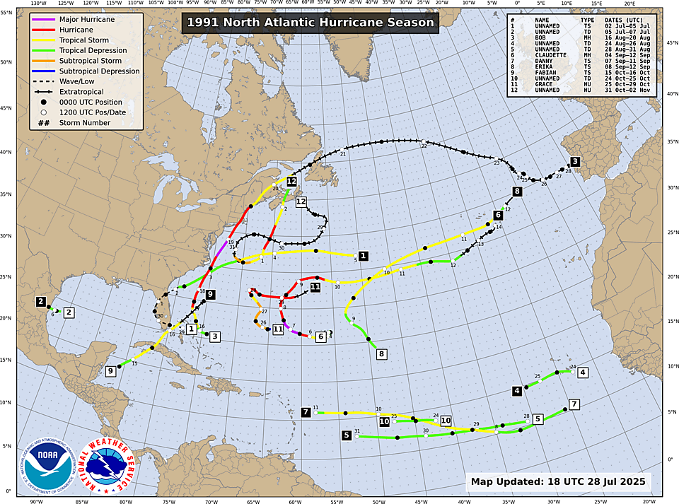 NHC Atlantic season track map, 1991