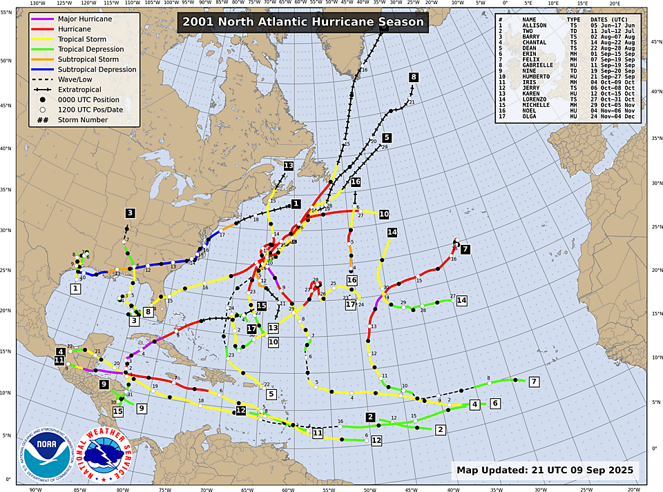 NHC Atlantic season track map, 2001