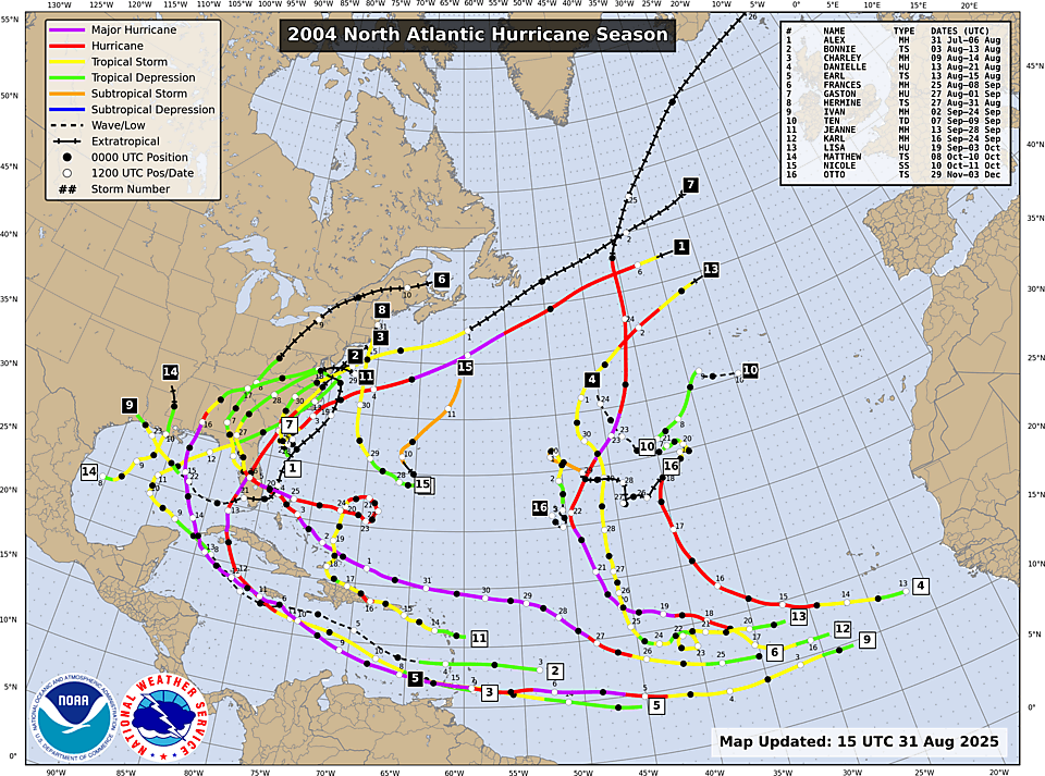 NHC Atlantic season track map, 2004
