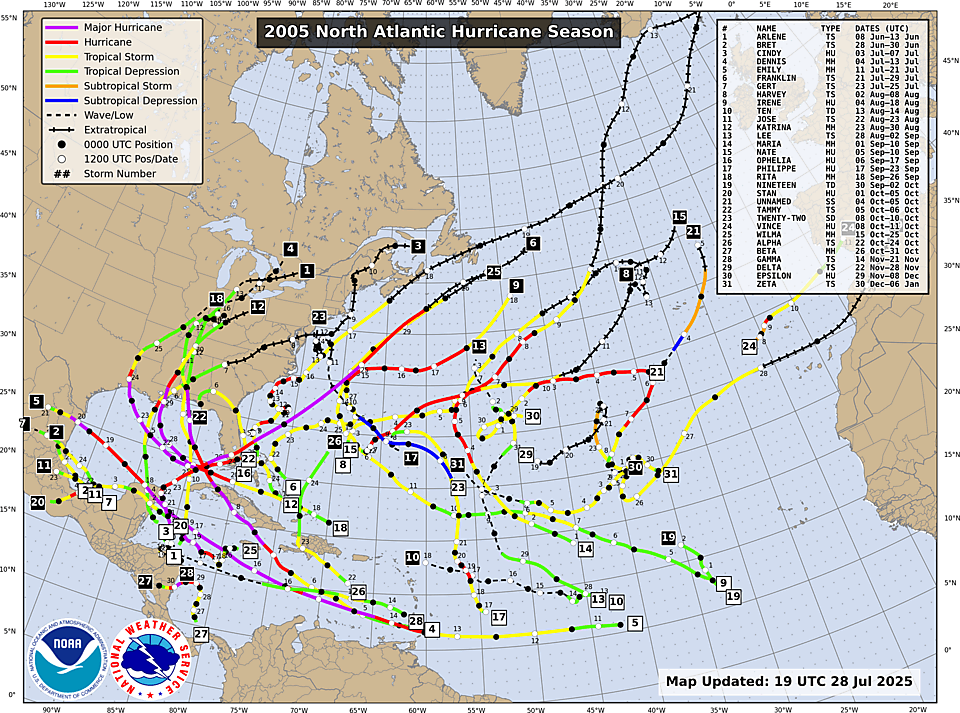 NHC Atlantic season track map, 2005