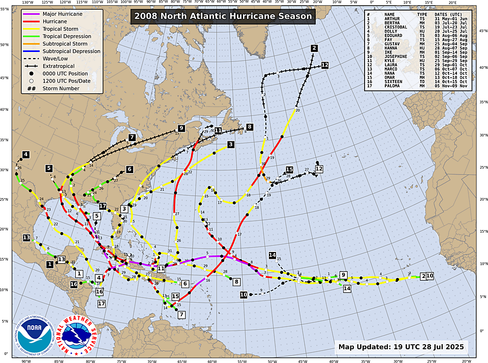 NHC Atlantic season track map, 2008