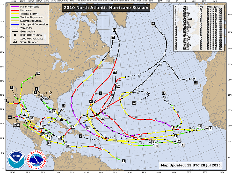 NHC Atlantic season track map, 2010