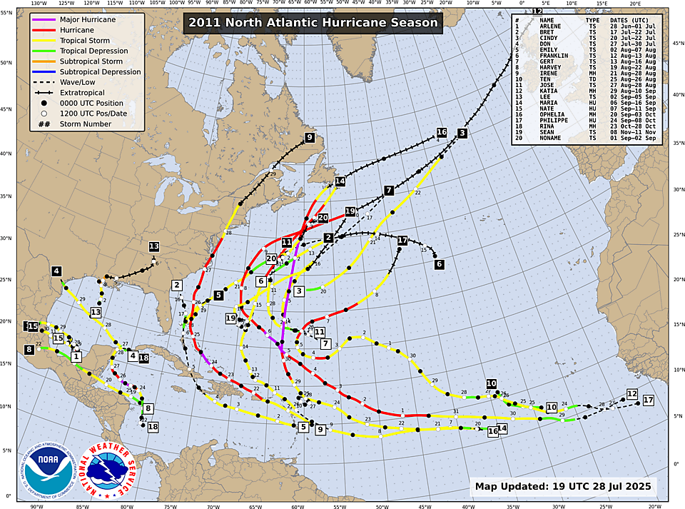 NHC Atlantic season track map, 2011