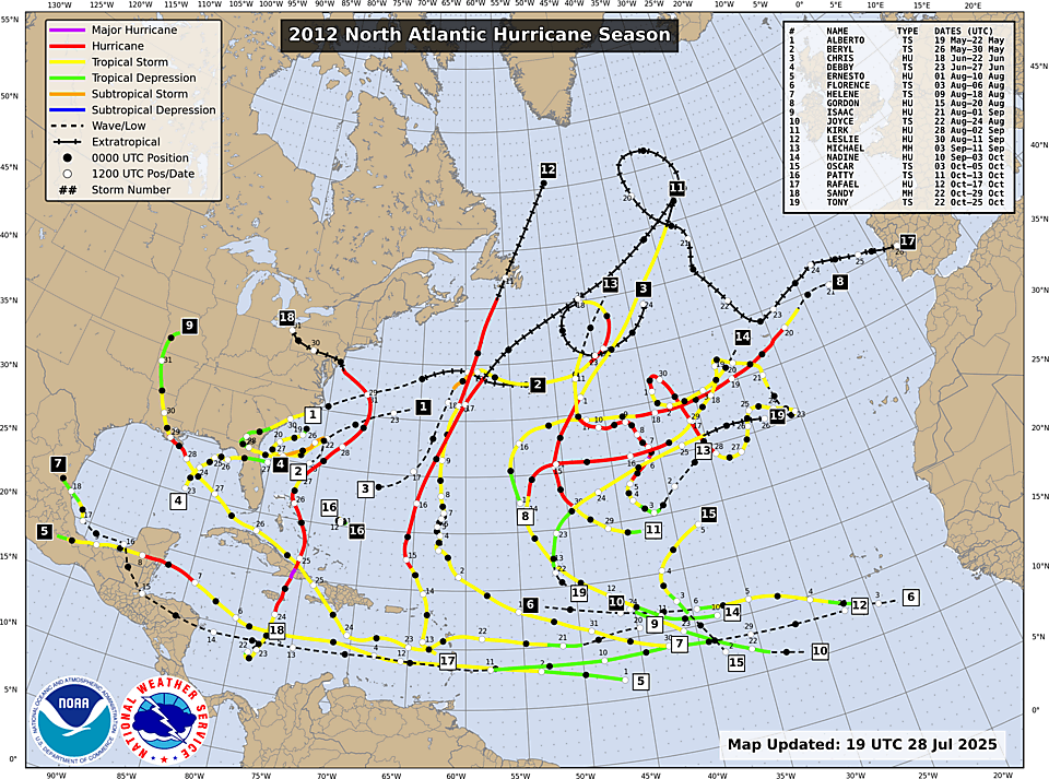 NHC Atlantic season track map, 2012