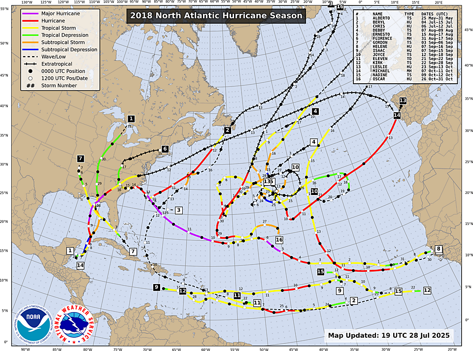 NHC Atlantic season track map, 2018