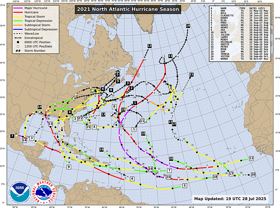 NHC Atlantic season track map, 2021