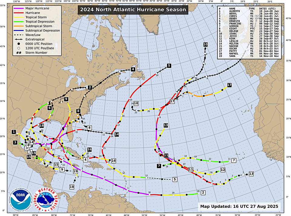NHC Atlantic season track map, 2024